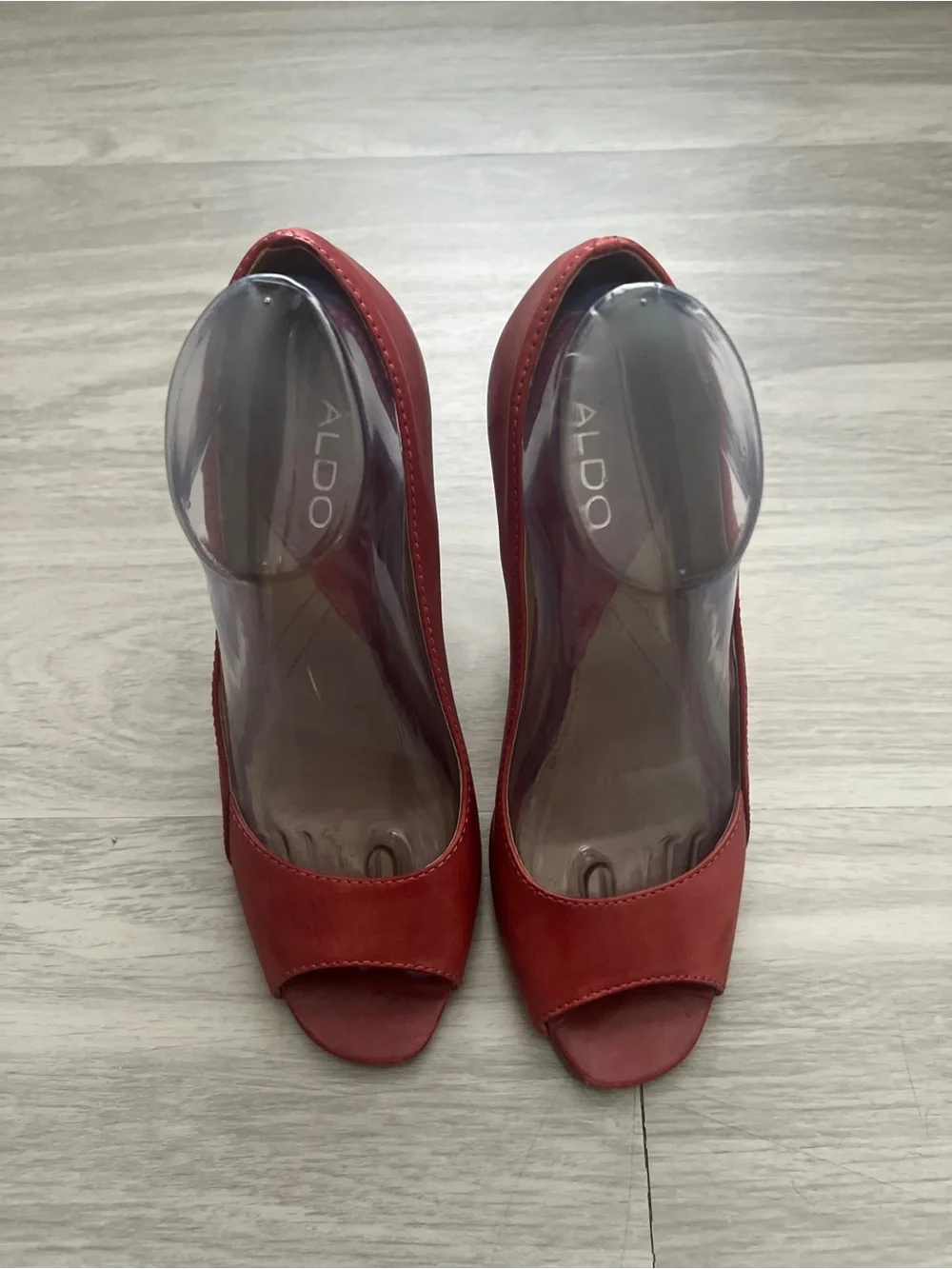 ALDO Coral Red Peep Toe Leather Block Heel Pumps Size 39
